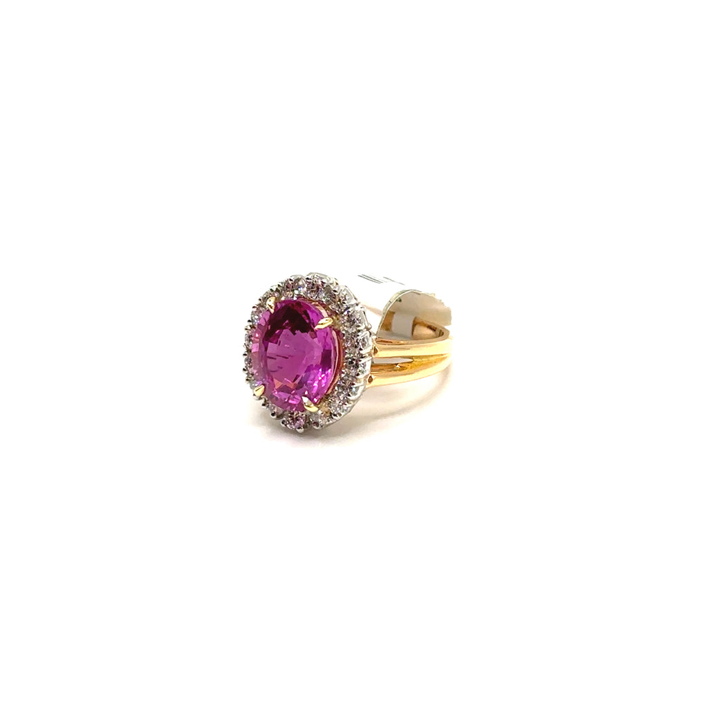 Platinum 18K Yellow Gold Hot Pink Sapphire and Diamond Ring