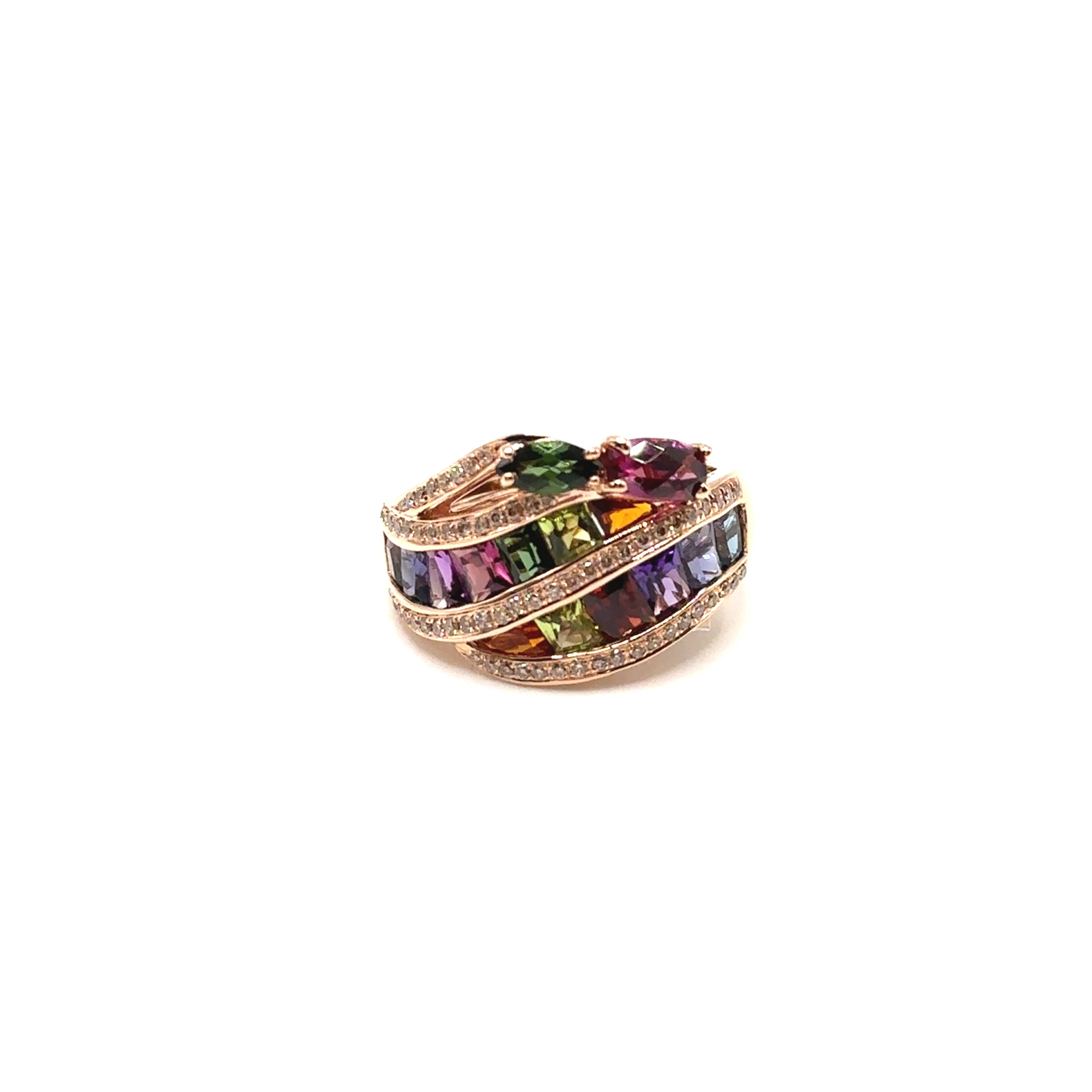 14K Rose Gold Multi Colored Ring With Diamonds