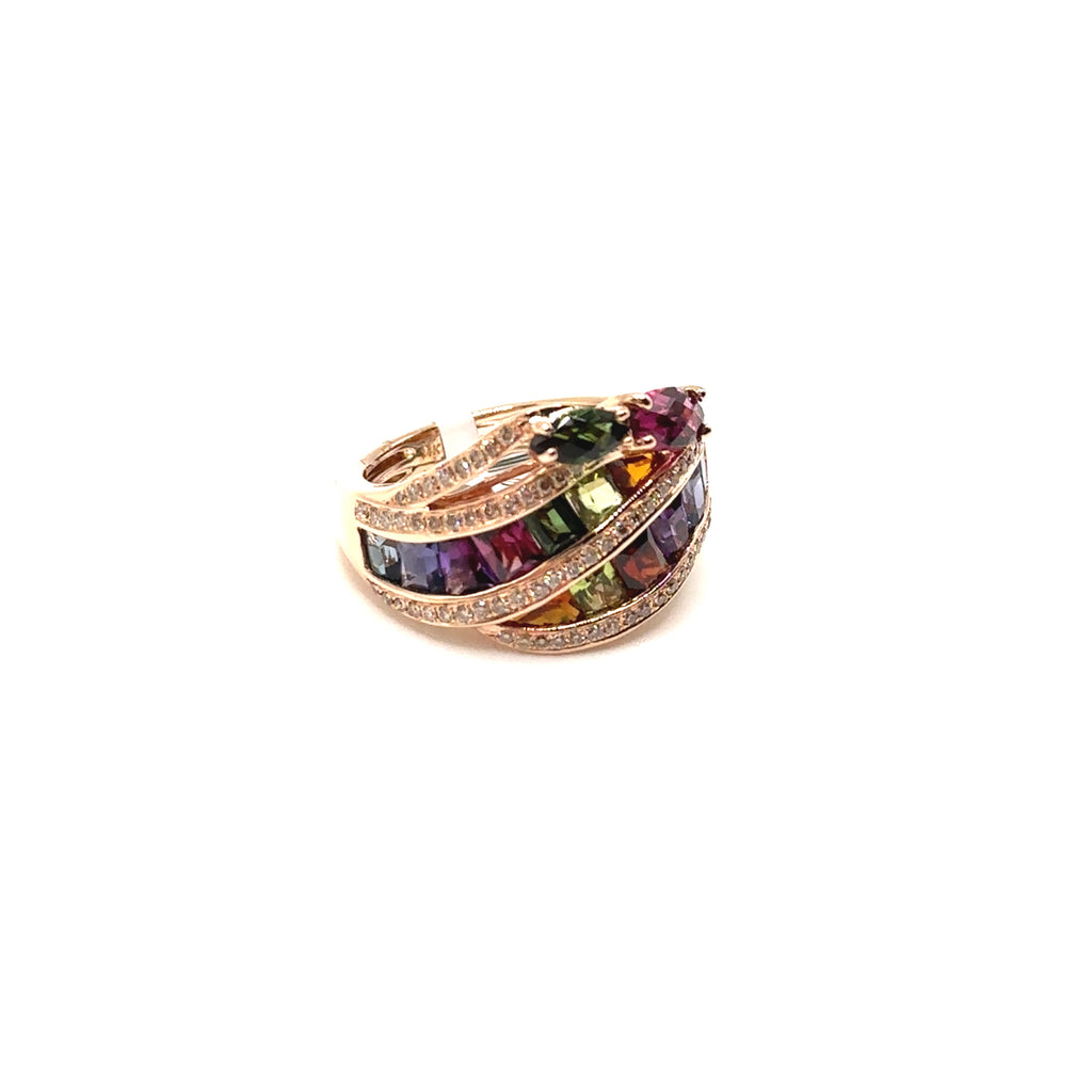 14K Rose Gold Multi Colored Ring With Diamonds