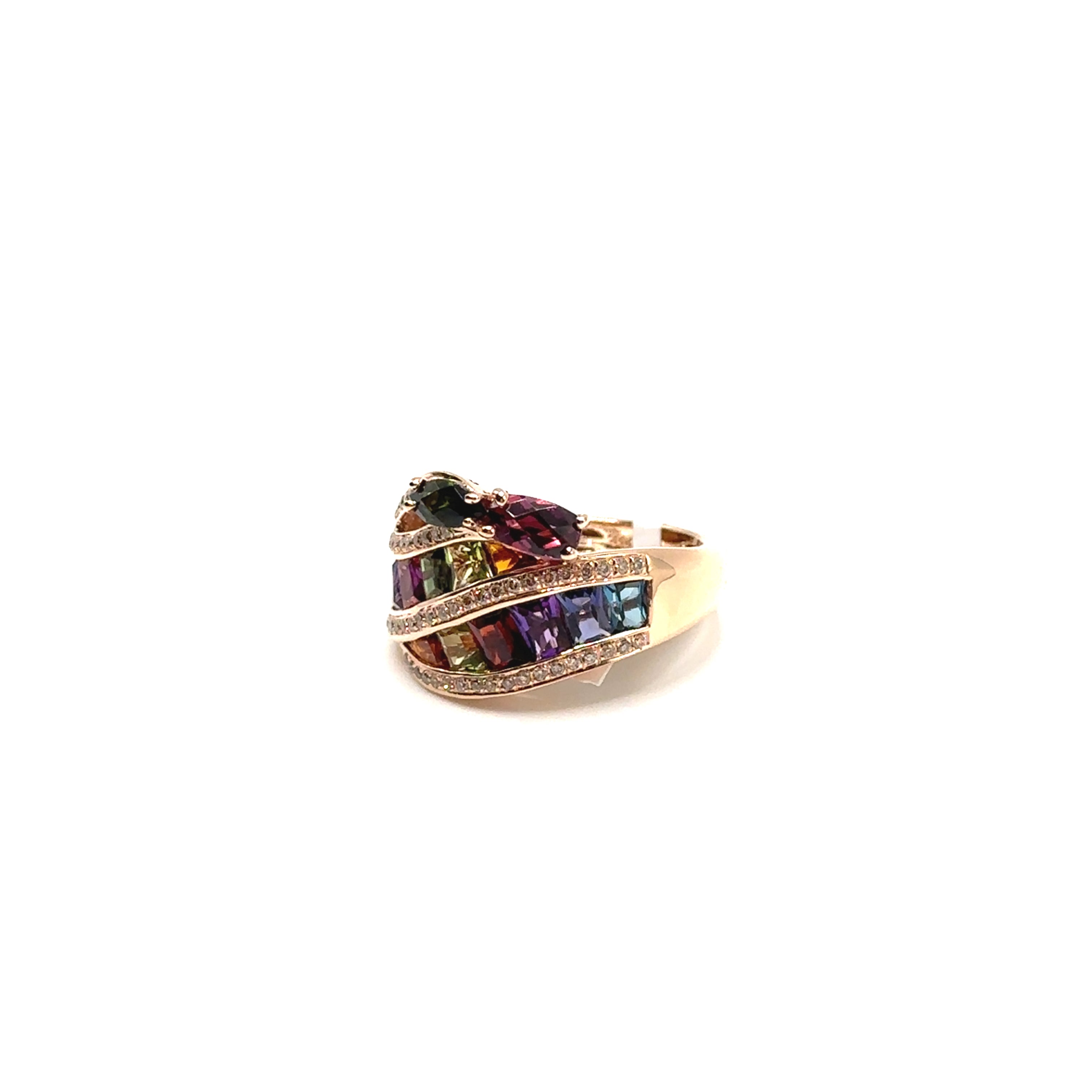 14K Rose Gold Multi Colored Ring With Diamonds