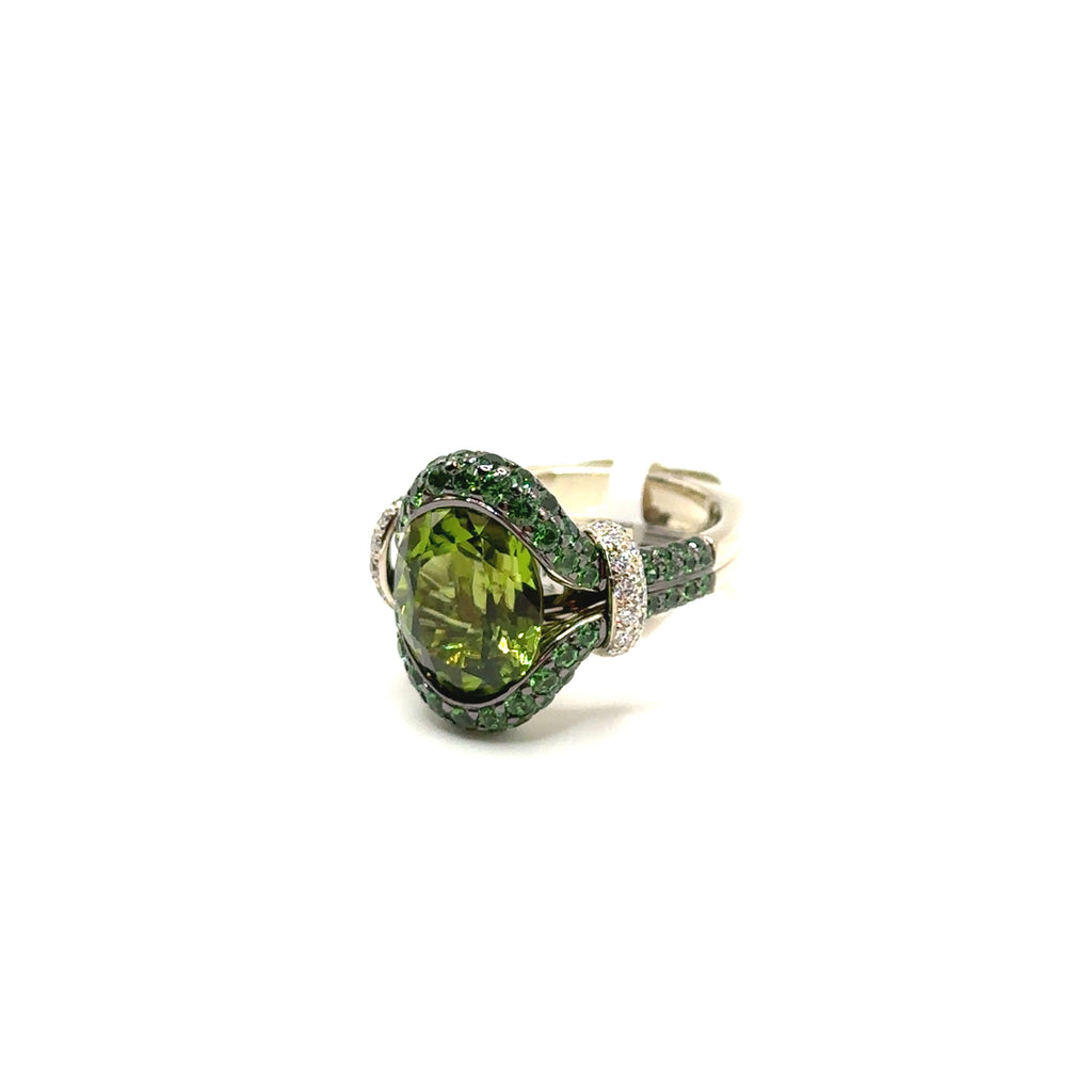 18K White Gold Large Peridot and Diamond Ring