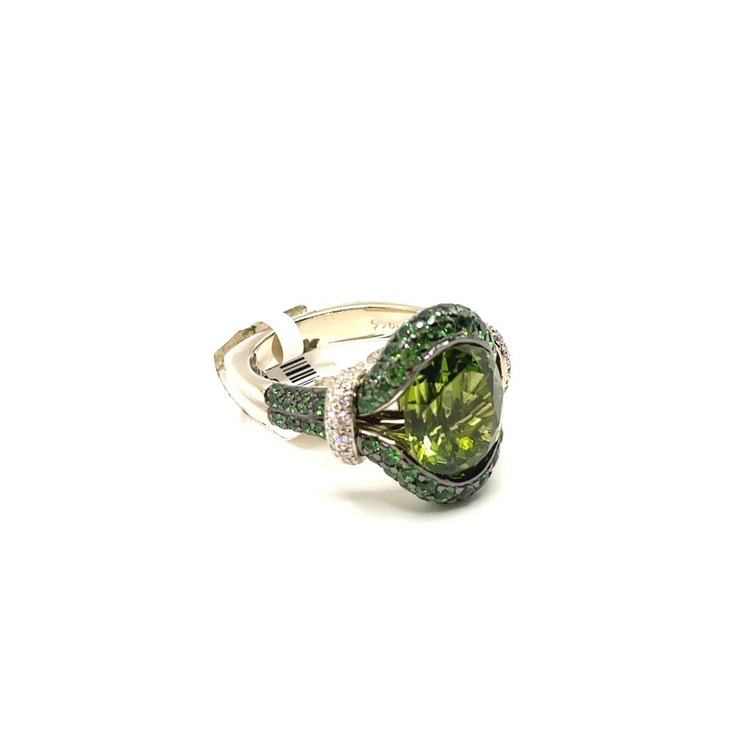 18K White Gold Large Peridot and Diamond Ring