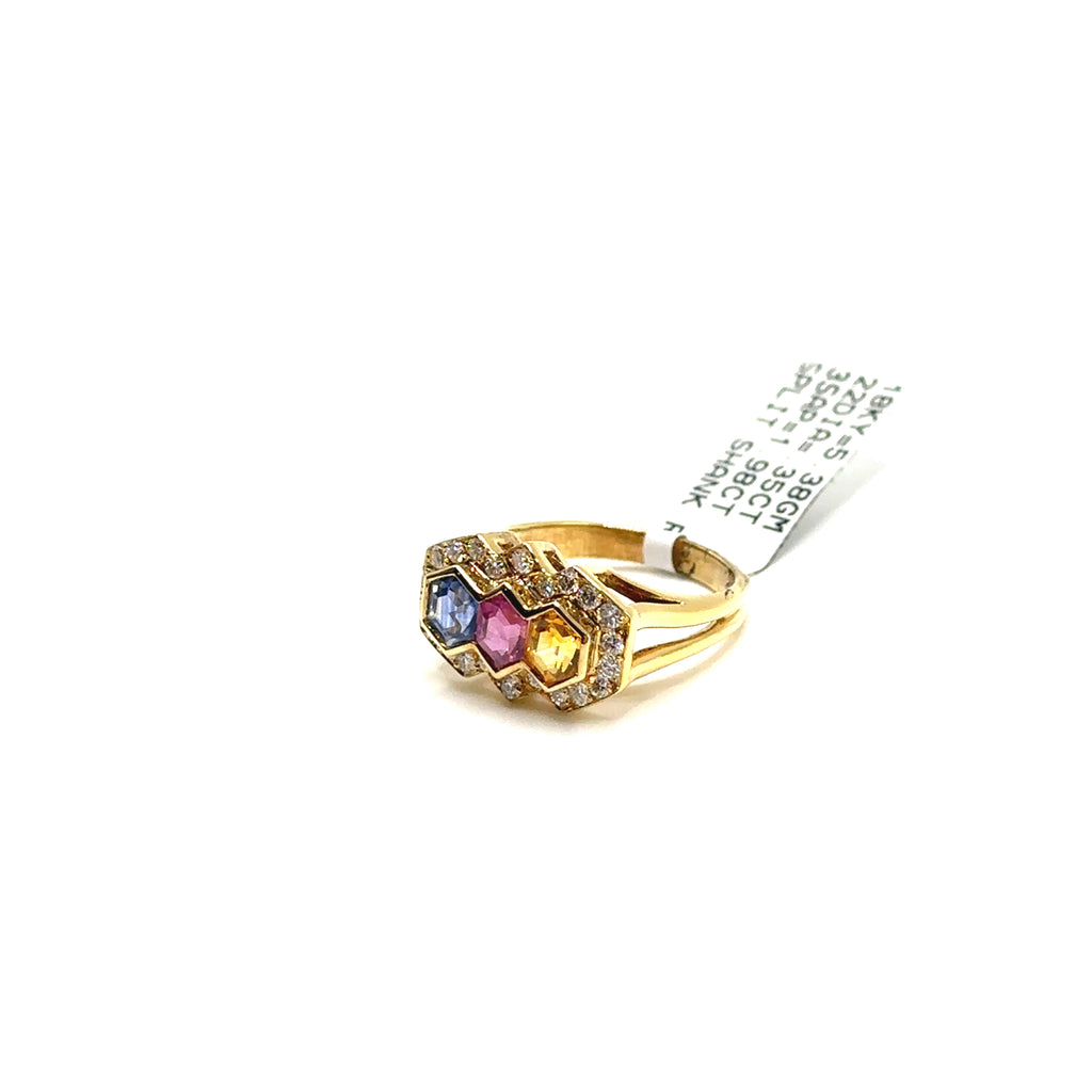 18K Yellow Gold Diamond and Sapphire Split Shank Ring