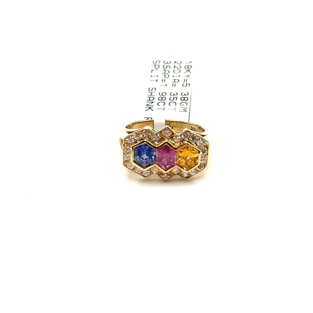 18K Yellow Gold Diamond and Sapphire Split Shank Ring