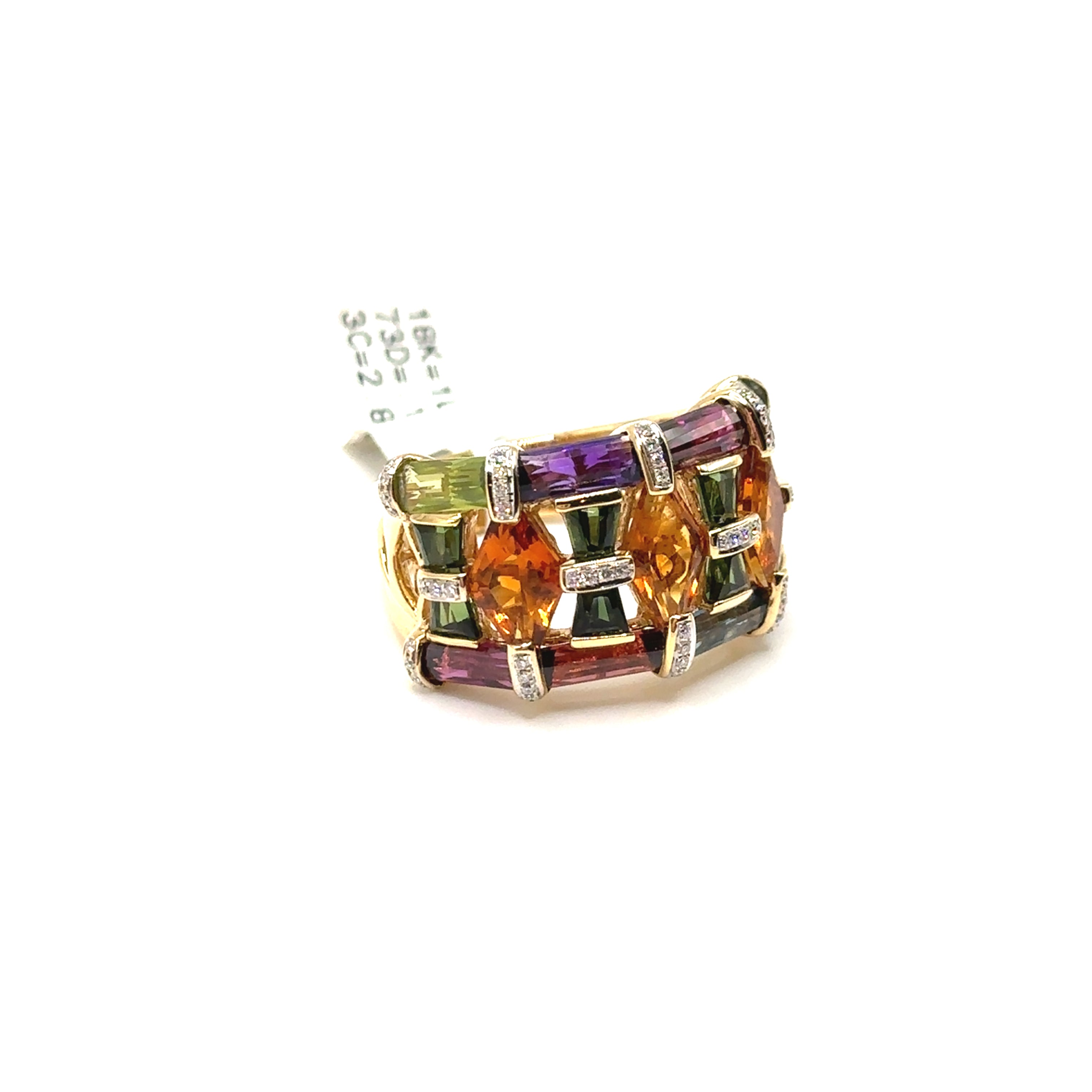 18K Yellow Gold Wide Multi Colored Ring With Diamonds