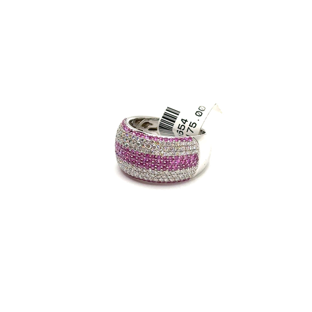 18K White Gold Diamond and Pink Sapphire Wide Band Ring