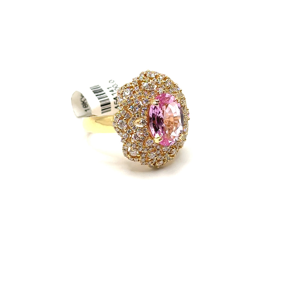 18K Yellow Gold 4.17CT Padparadscha Pink Sapphire and Diamond Ring