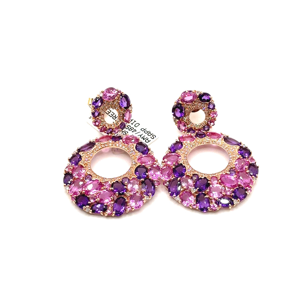 14K Rose Gold Pink and Purple Round Earrings