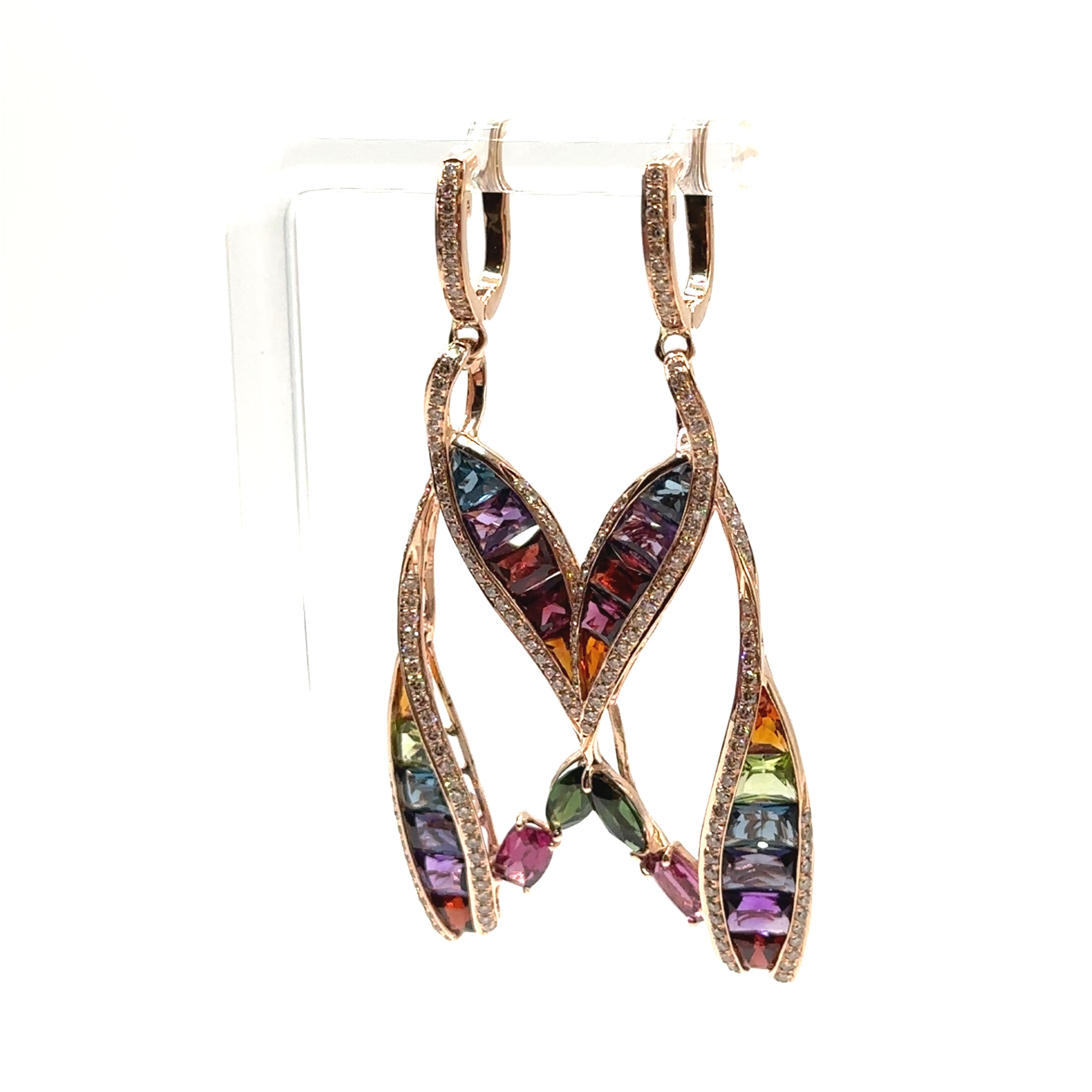 14K Rose Gold Multi Colored Dangle Earrings With Diamonds