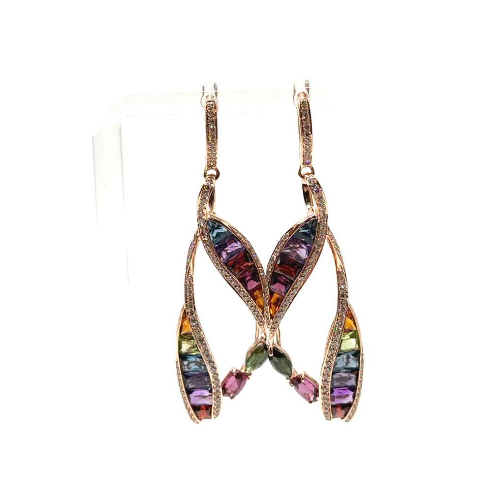 14K Rose Gold Multi Colored Dangle Earrings With Diamonds