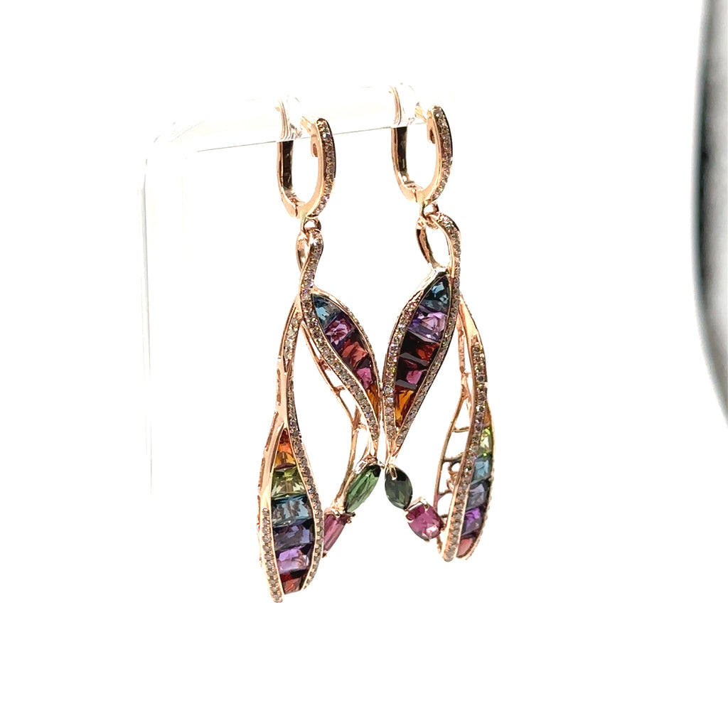 14K Rose Gold Multi Colored Dangle Earrings With Diamonds