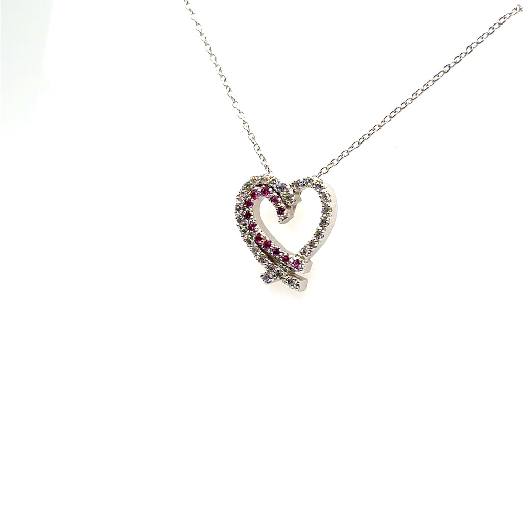 14K White Gold Pink Sapphire and Diamond Heart Pendant
