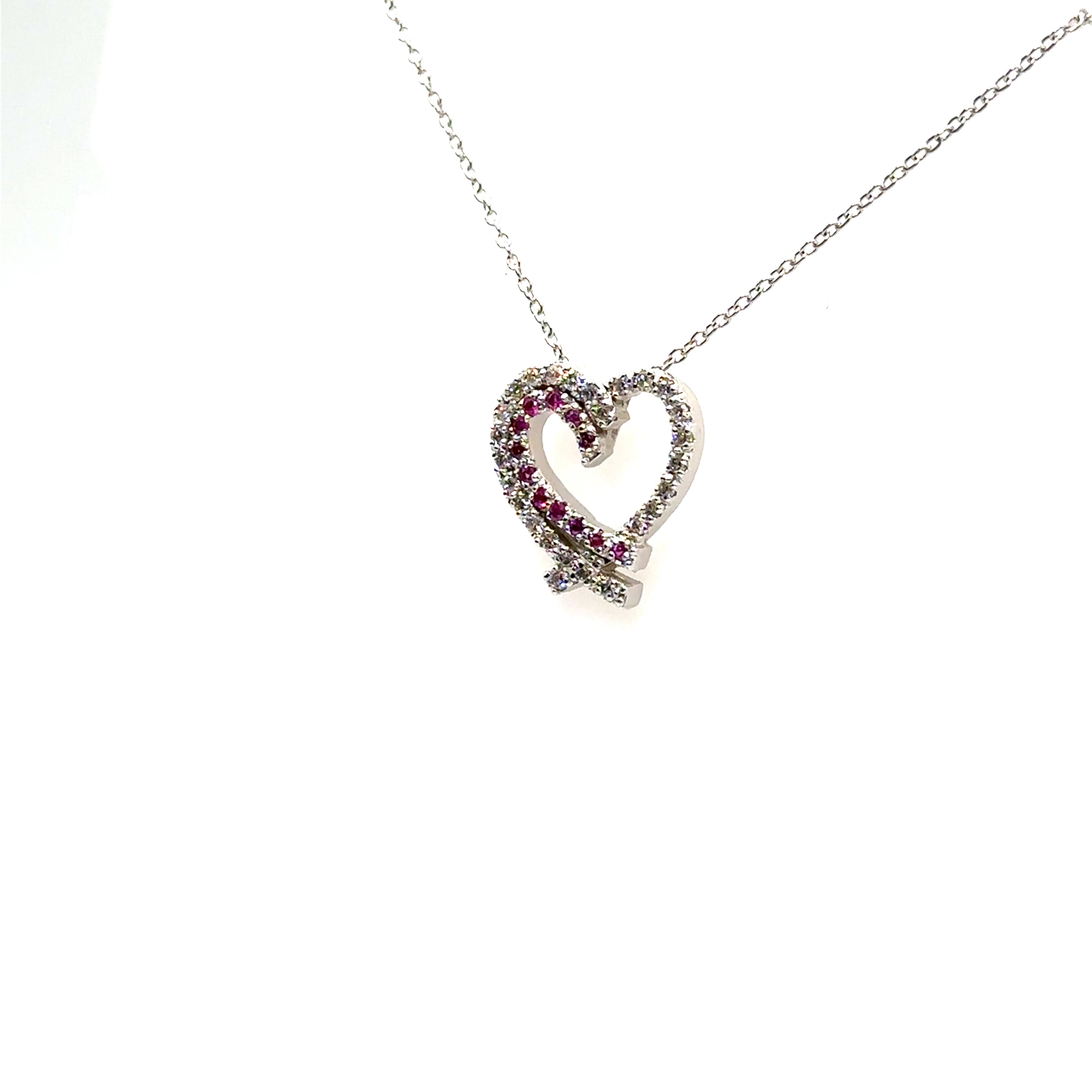 14K White Gold Pink Sapphire and Diamond Heart Pendant
