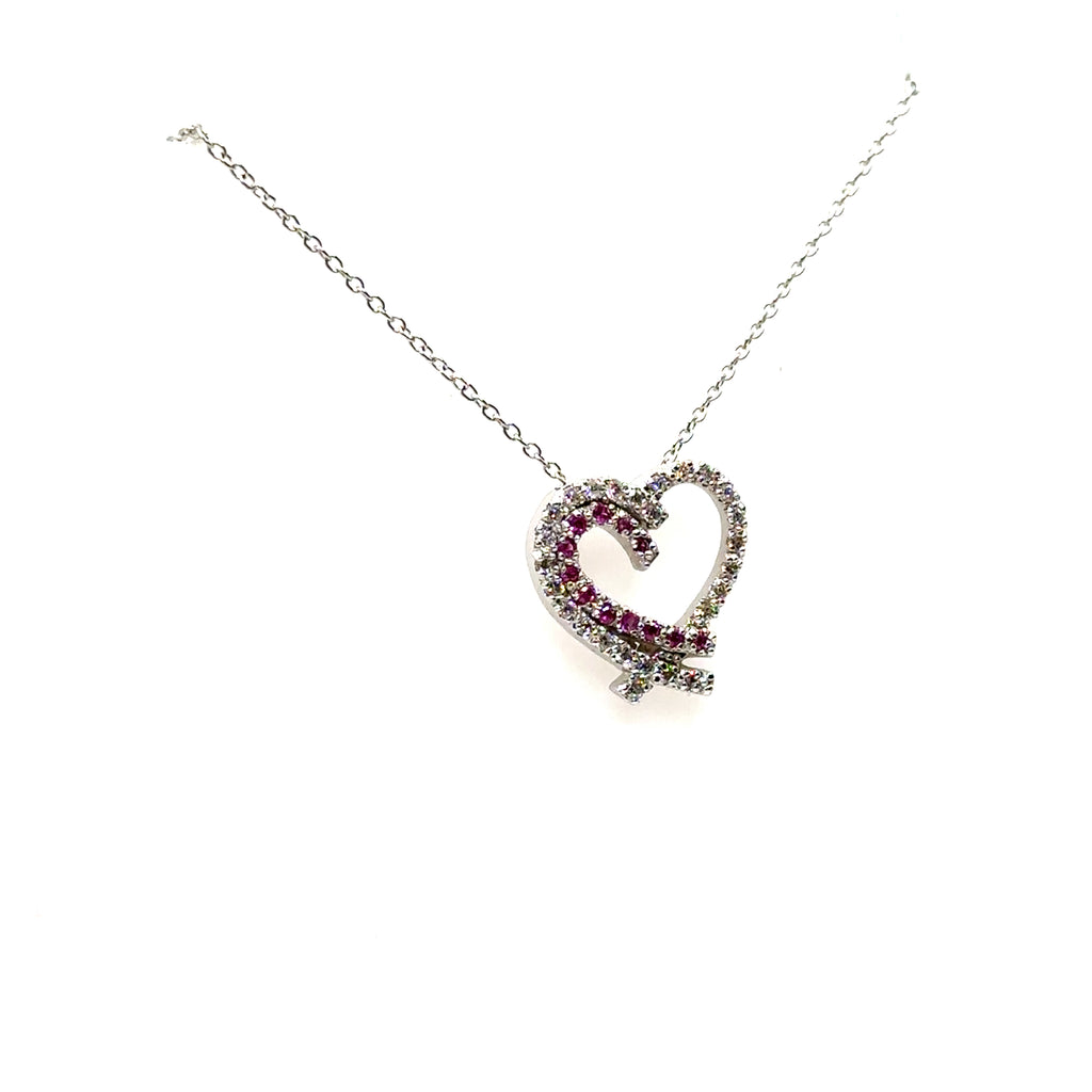 14K White Gold Pink Sapphire and Diamond Heart Pendant
