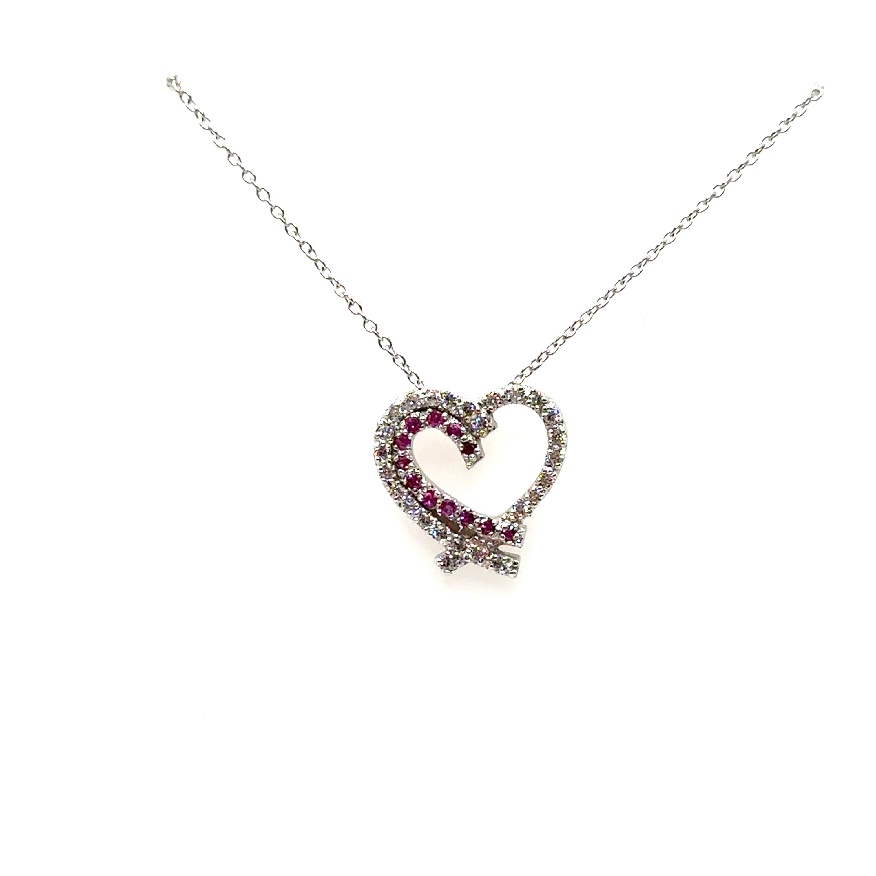 14K White Gold Pink Sapphire and Diamond Heart Pendant