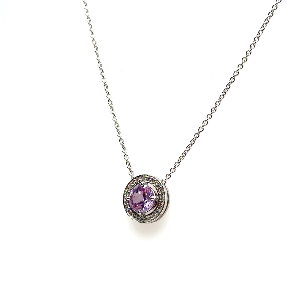 18K White Gold 1.28CT Pink Sapphire and Diamond Pendant