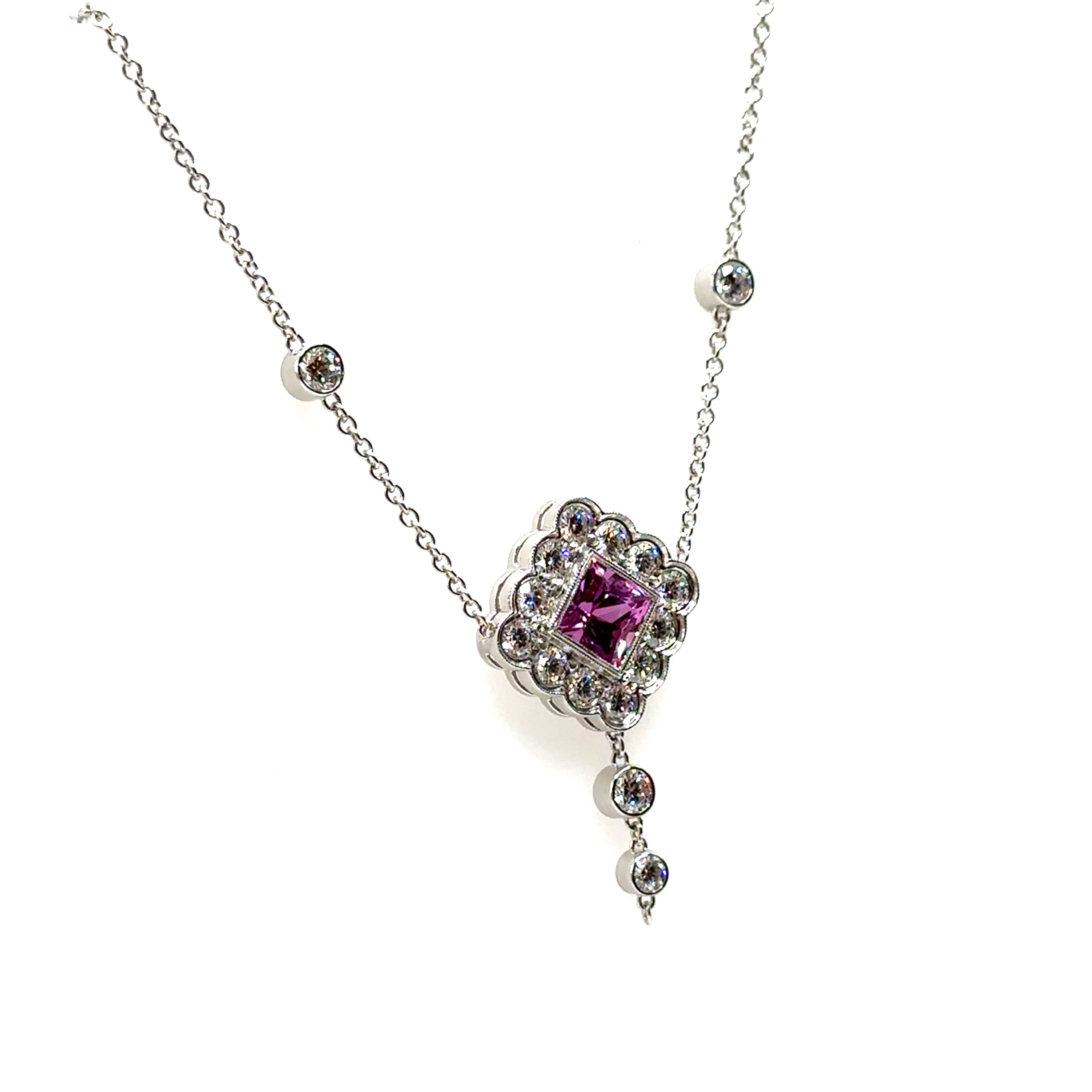 18K White Gold 1.29CT Pink Sapphire and Diamond Square pendant