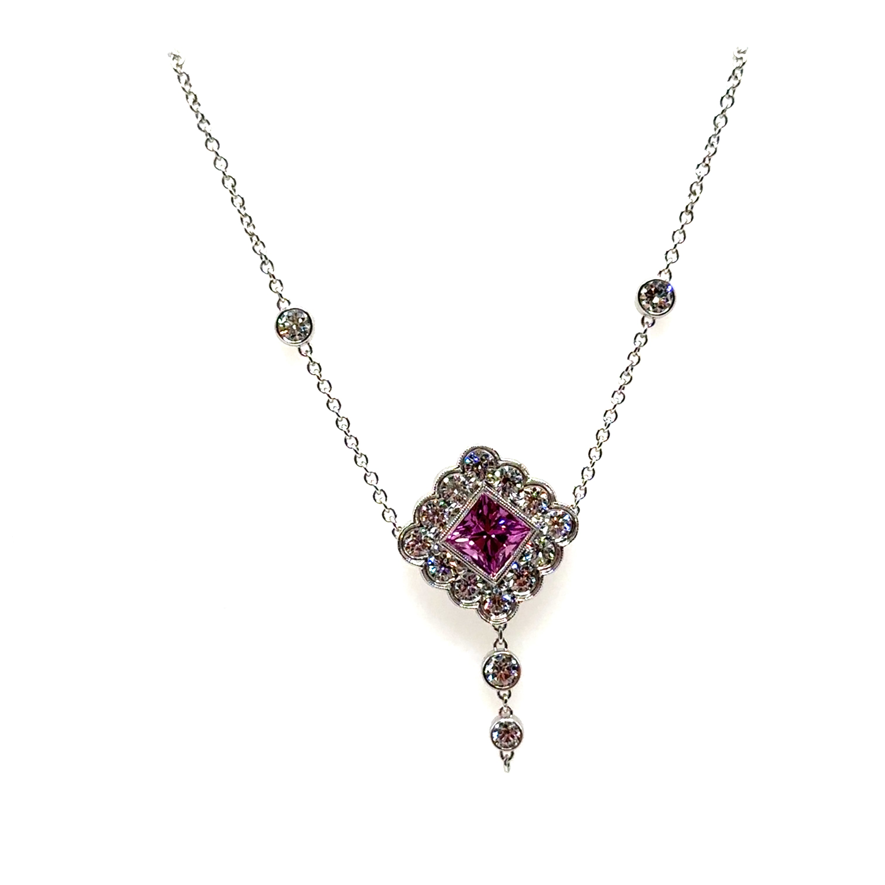 18K White Gold 1.29CT Pink Sapphire and Diamond Square pendant
