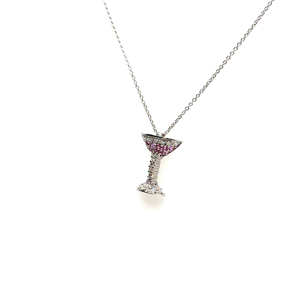 18K White Gold Pink Sapphire and Diamond Martini Pendant