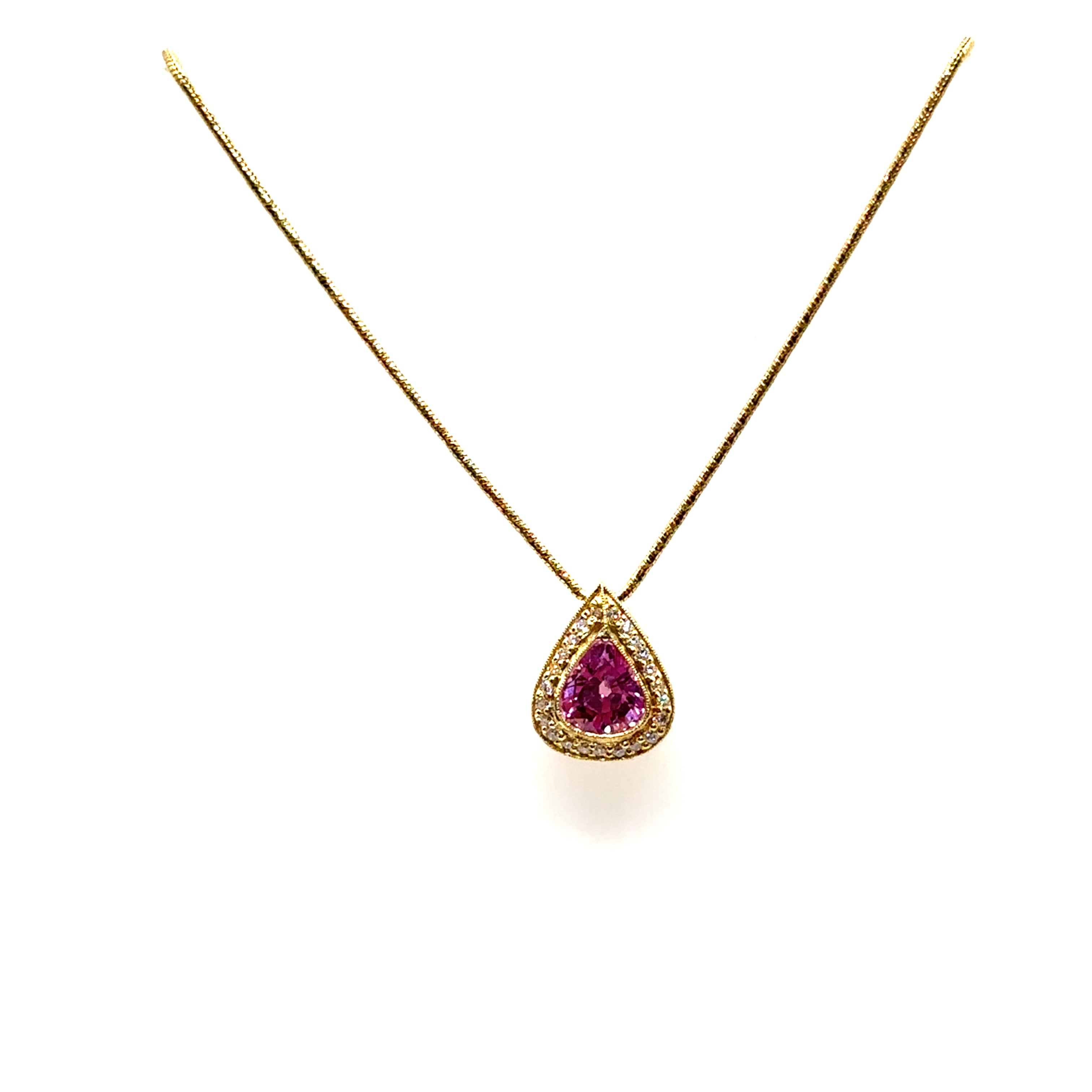 18K Yellow Gold Pear Shaped Pink Sapphire and Diamond Pendant
