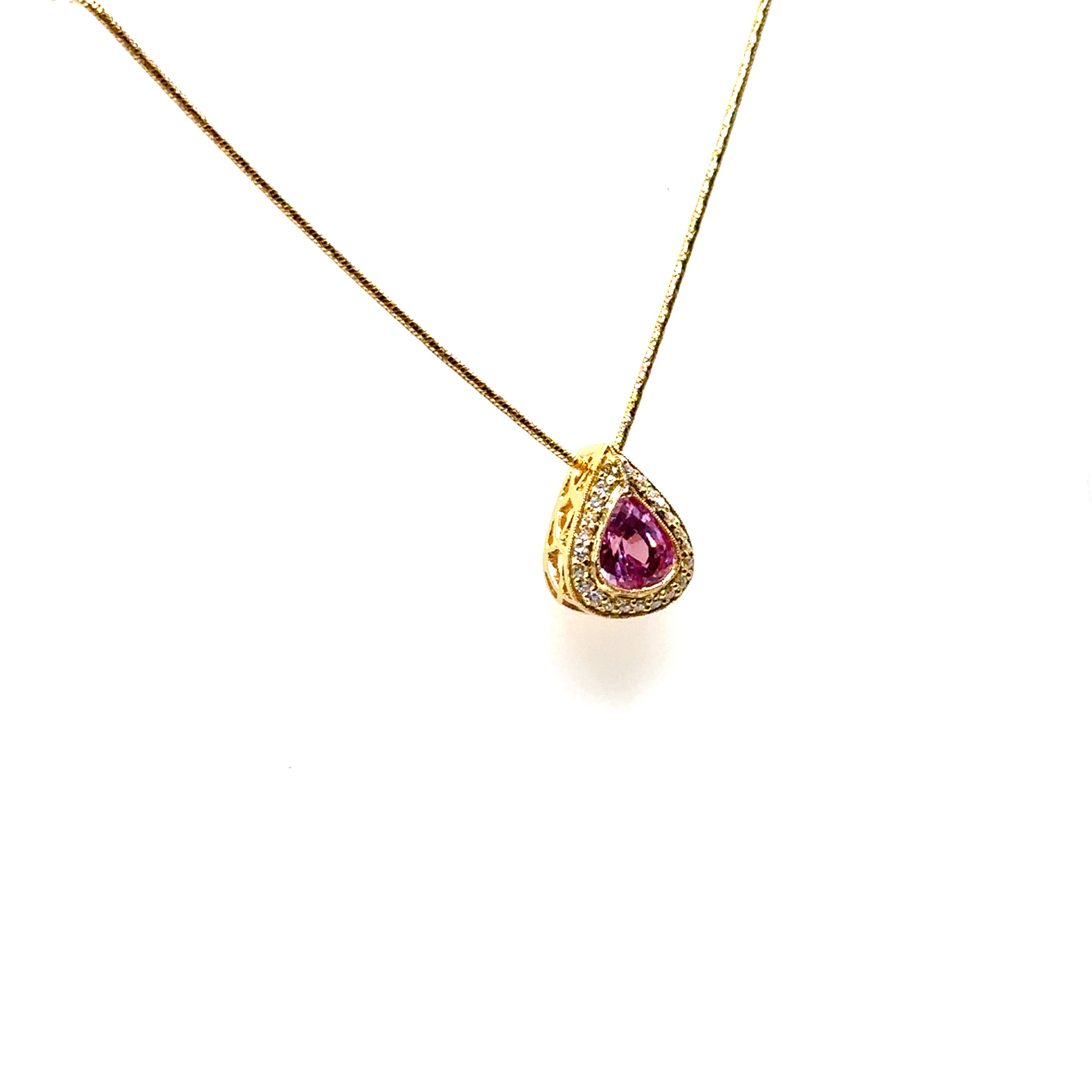 18K Yellow Gold Pear Shaped Pink Sapphire and Diamond Pendant