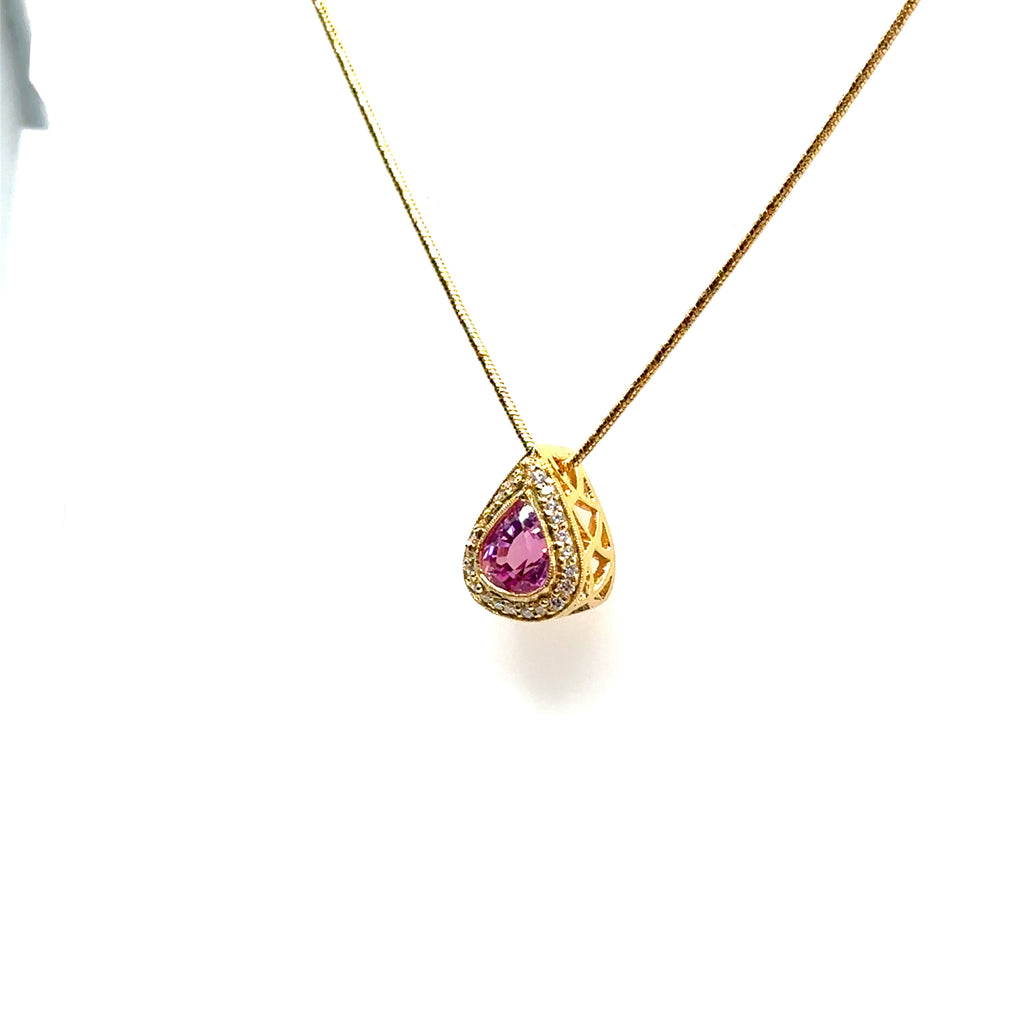 18K Yellow Gold Pear Shaped Pink Sapphire and Diamond Pendant